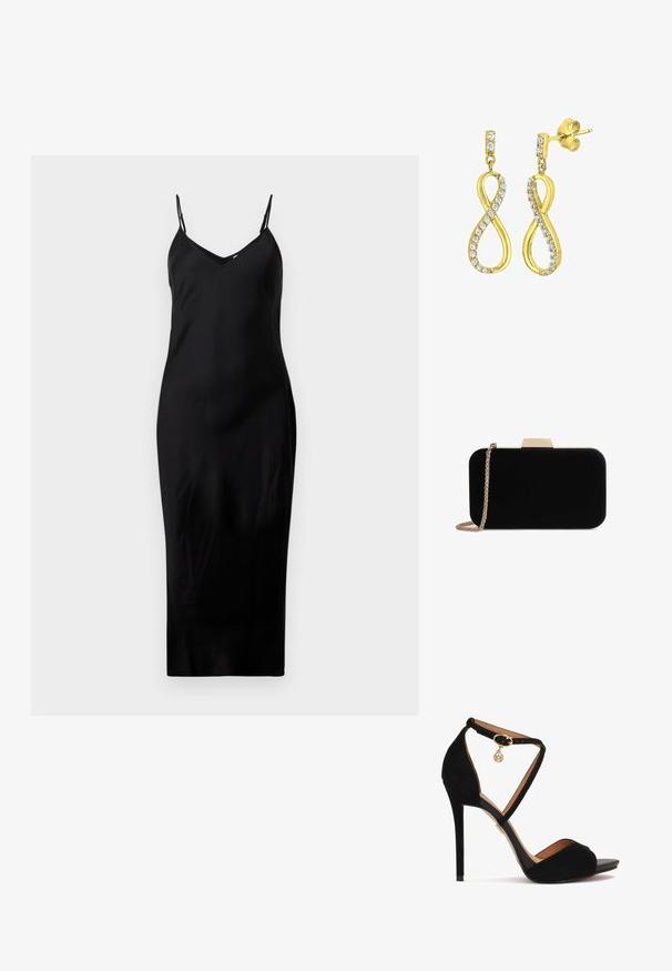 Vestido midi negro sin mangas con finos tirantes tipo espagueti y escote en V, exhibido sobre un fondo blanco liso.; Sandalia de tacón alto de ante negro con correas cruzadas en el tobillo, herrajes dorados, diseño de punta abierta y una suave plantilla de cuero.; Clutch de terciopelo negro con herrajes en tono dorado, de forma rectangular y con correa de cadena, que presenta una textura suave y sin patrones visibles.; Pendientes en tono dorado con forma de símbolo de infinito estilizado, adornados con cristales transparentes de corte redondo a lo largo de los bordes. Cierre a presión.