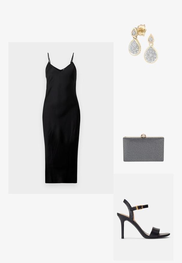 Vestido midi negro sin mangas con finos tirantes tipo espagueti y escote en V, exhibido sobre un fondo blanco liso.; Sandalias de tacón alto negras con parte superior de cuero suave, punta abierta y diseño de tira única con un detalle de hebilla dorada.; Bolso de mano rectangular negro cubierto de pequeños cristales, con un cierre dorado con detalles decorativos en la parte superior.; Pendientes en forma de lágrima con un marco dorado y acentos plateados, adornados con múltiples piedras redondas brillantes en una disposición decorativa.