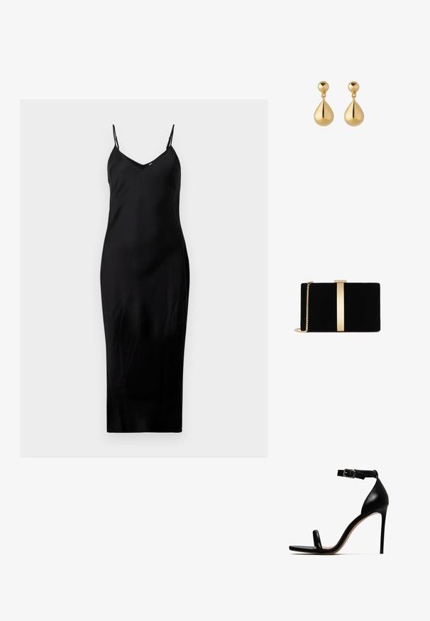 Schwarzes ärmelloses Midikleid mit dünnen Spaghetti-Trägern und V-Ausschnitt, präsentiert auf einem schlichten weißen Hintergrund.; Schwarze, hochhackige Sandale mit einem Knöchelriemen, ausgestattet mit einer glatten Lederoberfläche, offenem Zehendesign und schlanker Stiletto-Ferse.; Schwarze Samt-Clutch mit einem goldfarbenen Metallelement in der Mitte, ausgestattet mit einem Kettenriemen und einer eleganten rechteckigen Form.; Ohrringe in Goldoptik mit einem glatten, kugelförmigen Steckverschluss und einem großen, tropfenförmigen Anhänger, der darunter hängt.