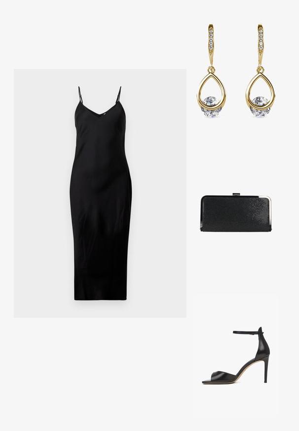 Robe midi noire sans manches avec de fines bretelles spaghetti et un décolleté en V, présentée sur un fond blanc uni.; Sandale noire à talon haut avec bride cheville, bout ouvert et talon aiguille fin sur fond blanc.; Pochette rectangulaire texturée noire avec cadre métallique argenté et fermeture à fermoir, sur fond blanc.; Boucles d'oreilles en or en forme de goutte avec des pierres précieuses rondes et transparentes à la base. Section supérieure texturée avec de petits accents ronds le long de l'anneau.