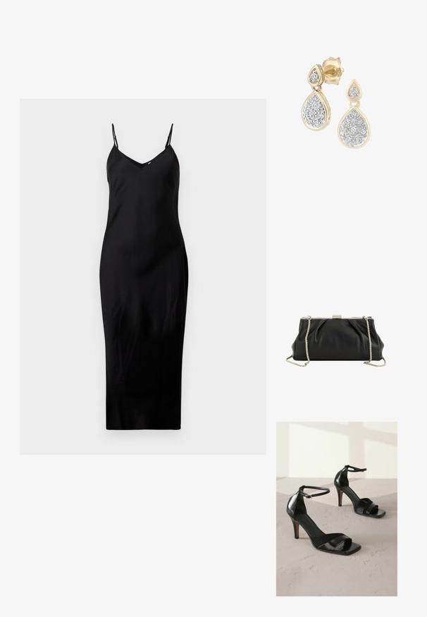 Schwarzes ärmelloses Midikleid mit dünnen Spaghetti-Trägern und V-Ausschnitt, präsentiert auf einem schlichten weißen Hintergrund.; Next REGULAR FIT - SIGNATURE - High Heel Sandalette - black; Schwarze weiche Lederclutch mit silbernem Metallrahmen und abnehmbarem silbernem Kettenriemen auf weißem Hintergrund.; Tropfenohrringe mit einem goldenen Rahmen und silbernen Akzenten, verziert mit mehreren kleinen, runden glitzernden Steinen in einer dekorativen Anordnung.