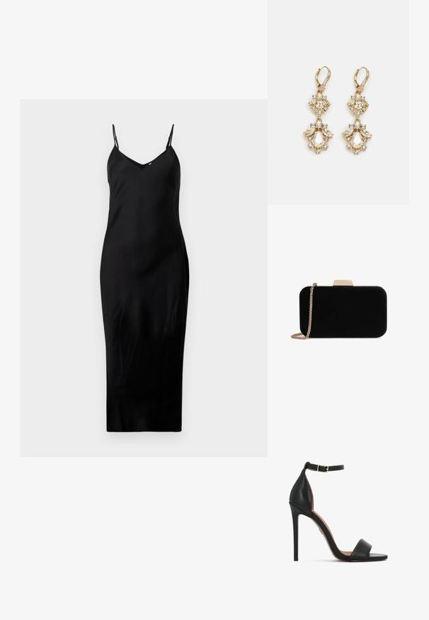Schwarzes ärmelloses Midikleid mit dünnen Spaghetti-Trägern und V-Ausschnitt, präsentiert auf einem schlichten weißen Hintergrund.; Schwarzer Leder-Sandalette mit hohem Absatz, schmalem Knöchelriemen, offenem Zehendesign und elegantem Stiletto-Absatz. Glatte Textur mit minimalen Akzenten.; Schwarze Samt-Clutch mit goldfarbener Hardware, rechteckiger Form und Kettenriemen, mit glatter Textur und ohne sichtbare Muster.; Ohrringe mit Gold-Finish im Design eines Clusters, das runde und tropfenförmige klare Kristalle zeigt und aufwendige Details präsentiert.
