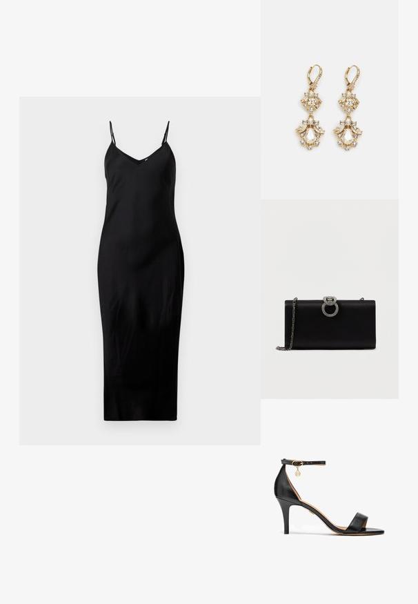 Schwarzes ärmelloses Midikleid mit dünnen Spaghetti-Trägern und V-Ausschnitt, präsentiert auf einem schlichten weißen Hintergrund.; Schwarze Leder-Sandaletten mit hohem Absatz, einem einzelnen Riemen über den Zehen, einem Knöchelriemen, goldenen Beschlägen und einem schlanken Stiletto-Absatz.; Schwarze Satin-Clutch mit einem silberfarbenen, rundenverschluss, der mit Strasssteinen verziert ist. Sie verfügt über eine abnehmbare Kettenriemen.; Ohrringe mit Gold-Finish im Design eines Clusters, das runde und tropfenförmige klare Kristalle zeigt und aufwendige Details präsentiert.