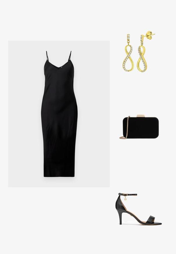 Vestido midi negro sin mangas con finos tirantes tipo espagueti y escote en V, exhibido sobre un fondo blanco liso.; Sandalia de tacón alto de cuero negro con una sola cinta sobre los dedos, cinta en el tobillo, herrajes dorados y un esbelto tacón de aguja.; Clutch de terciopelo negro con herrajes en tono dorado, de forma rectangular y con correa de cadena, que presenta una textura suave y sin patrones visibles.; Pendientes en tono dorado con forma de símbolo de infinito estilizado, adornados con cristales transparentes de corte redondo a lo largo de los bordes. Cierre a presión.