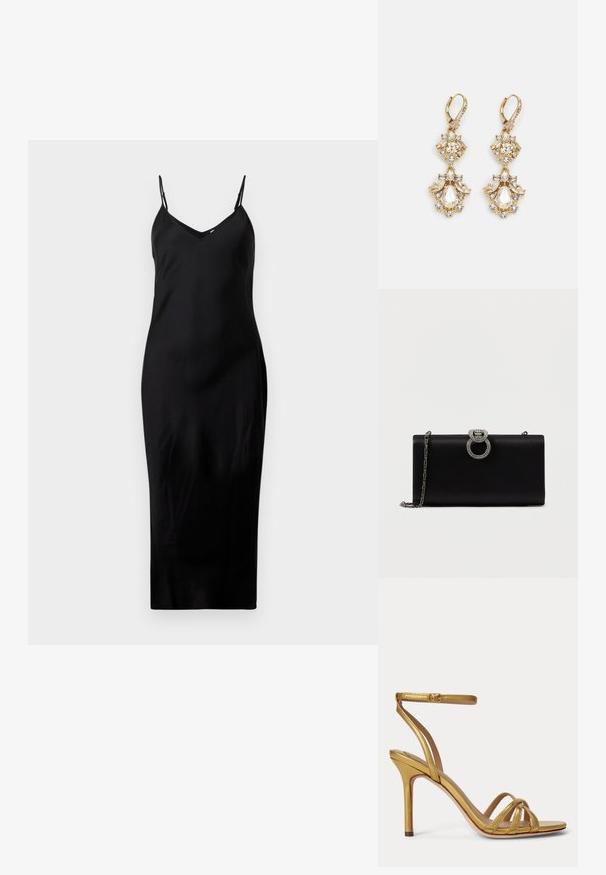 Vestido midi negro sin mangas con finos tirantes tipo espagueti y escote en V, exhibido sobre un fondo blanco liso.; Sandalia de tacón alto dorada con tira fina en el tobillo y tres tiras delanteras sobre los dedos en un fondo liso.; Bolso de mano de satén negro con un cierre circular en tono plateado adornado con strass, cuenta con una correa de cadena desmontable.; Pendientes colgantes en tono dorado con un diseño de racimo que incluye cristales claros en forma redonda y de lágrima, mostrando un detallado intrincado.