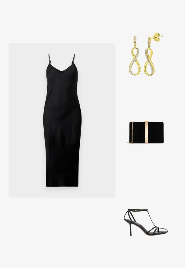 Schwarzes ärmelloses Midikleid mit dünnen Spaghetti-Trägern und V-Ausschnitt, präsentiert auf einem schlichten weißen Hintergrund.; Schwarze High-Heel-Sandale mit dünnen Riemen, Knöchelriemen und schlankem Absatz, von der Seite auf weißem Hintergrund gezeigt.; Schwarze Samt-Clutch mit einem goldfarbenen Metallelement in der Mitte, ausgestattet mit einem Kettenriemen und einer eleganten rechteckigen Form.; Goldfarbene Ohrringe in Form eines stilisierten Unendlichkeitssymbols, verziert mit klaren, runden, geschliffenen Kristallen entlang der Kanten. Mit Steckverschluss.