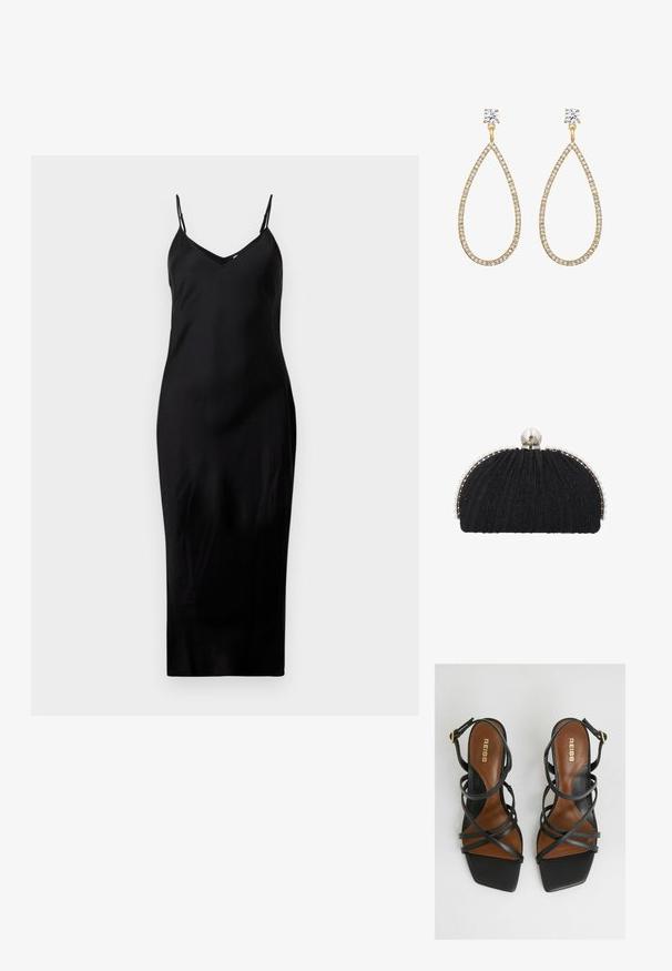 Schwarzes ärmelloses Midikleid mit dünnen Spaghetti-Trägern und V-Ausschnitt, präsentiert auf einem schlichten weißen Hintergrund.; Schwarze Absatzsandalen mit mehreren schmalen Riemen, quadratischer Zehenpartie, braunen Innensohlen und einem goldenen Schnallen-Detail am Knöchelriemen.; Schwarze Abend-Clutch mit strukturiertem Stoff, eingefasst von einer Reihe kleiner Perlen und einem großen Perlenverschluss oben.; Goldfarbene Tropfenohrringe mit einer Reihe von klaren Strasssteinen entlang der Kanten und einem runden Strassstein oben.