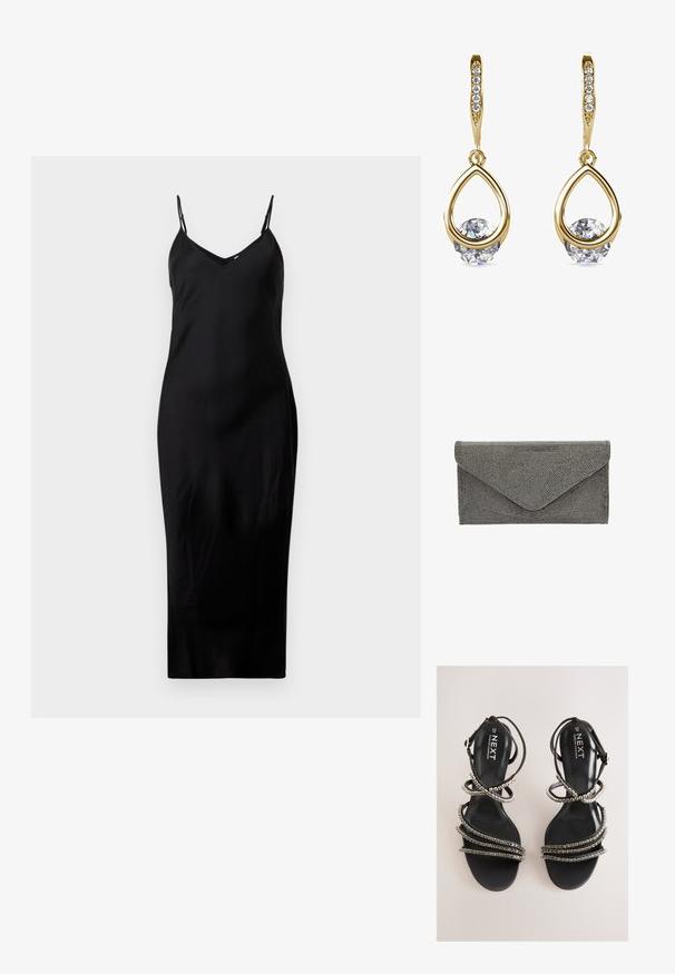 Zwarte mouwloze midi-jurk met dunne spaghetti bandjes en een V-hals, gepresenteerd op een witte achtergrond.; Zwarte sandalen met bandjes en metalen accenten. Voorzien van een gladde, gestructureerde voetbed en meerdere versierde bandjes die een gelaagde uitstraling creëren.; Zwarte stoffen clutch met een getextureerd studpatroon en envelopsluiting, met een strakke rechthoekige vorm en zonder zichtbare hardware.; Gouden druppeloorbellen met ronde, heldere edelstenen aan de basis. Gelaagd bovenstuk met kleine, ronde accenten langs de ring.