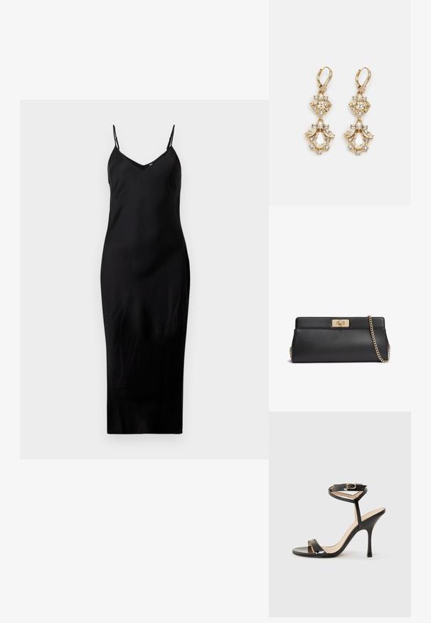 Vestido midi negro sin mangas con finos tirantes tipo espagueti y escote en V, exhibido sobre un fondo blanco liso.; Sandalia de tacón alto de charol negro con tira delgada en el tobillo y hebilla, punta abierta y tacón aguja esbelto sobre fondo blanco.; Bolso de mano de cuero negro con cierre de giro metálico en tono dorado y una correa de hombro a juego con cadena dorada.; Pendientes colgantes en tono dorado con un diseño de racimo que incluye cristales claros en forma redonda y de lágrima, mostrando un detallado intrincado.