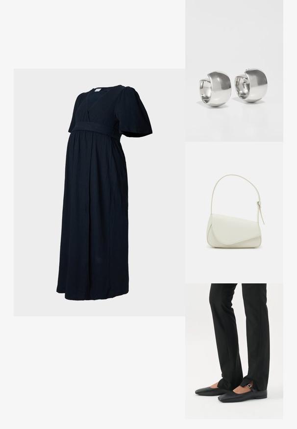 Mørk navy maxi kjole i en tekstureret stof, med v-hals, puff-sleeves og en samlet talje for en løs pasform.; Ben iført sorte smalle bukser med forreste slidser ved kanten, parret med sorte flade Mary Jane-sko med lille spænde.; Hvid taske i faux læder med en struktureret trekantet form, enkelt justerbart skulderstrop og en flaplås med kurver.; Uncommon Matters SCULPTURAL LARGE CREOLE - Øreringe - silver-coloured