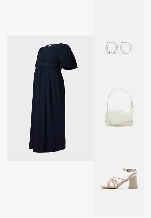 Robe maxi bleu marine foncé en tissu texturé, avec un col en V, des manches bouffantes et une taille froncée pour un ajustement ample.; Sandales à talons beiges avec des brides entrecroisées, une boucle à la cheville et un talon carré pour plus de stabilité. Texture lisse semblable au cuir.; Sac à main en cuir synthétique blanc avec une forme triangulaire structurée, une bandoulière unique réglable et un rabat à courbes accentuées.; Boucles d'oreilles en argent avec une finition polie, présentant une forme circulaire et une fermeture à charnière. Texture lisse avec un minimum de détails.