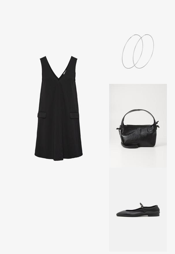 Schwarzes, ärmelloses V-Ausschnittkleid mit vorderen Klappentaschen und A-Linien-Silhouette.; Schwarze Leder-Ballettschuhe mit einer abgerundeten Zehe, schmalem Vorderblatt und einem kleinen Knöchelriemen mit einer runden Schnalle. Niedrige, flache Sohle.; Schwarze Lederhandtasche mit strukturiertem Design, rundem Haltegriff und abnehmbarem Schulterriemen. Sie weist eine glatte Oberfläche und einen subtilen Glanz auf.; Silberne Creolen mit minimalistischem Design. Rundform, glatte Oberfläche und dünnes Profil. Leichtgewichtig mit hochglänzender Oberfläche.
