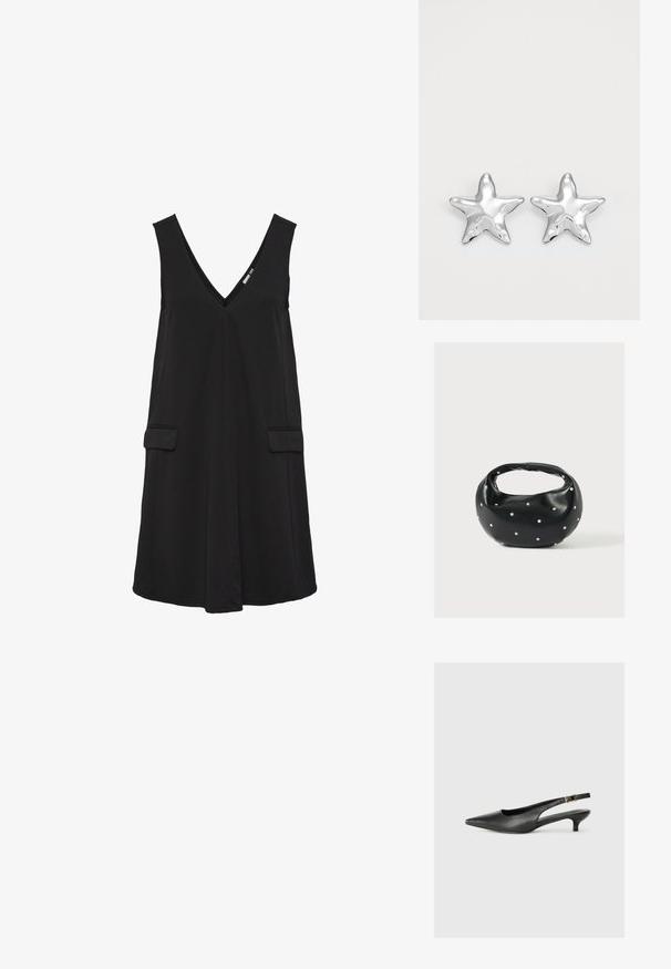 Vestido negro sin mangas con escote en V, bolsillos delanteros de solapa y silueta en A.; Zapato de tacón slingback negro de punta afilada, hecho de cuero suave. Presenta un tacón delgado y un detalle de hebilla en la correa ajustable.; Bolso de mano de cuero negro con forma redondeada, decorado con detalles de tachuelas plateadas y un asa corta. Textura lisa y cierre con cremallera.; Pendientes en forma de estrella plateada con una superficie pulida y brillante. Cada pendiente presenta cinco puntas y sutiles detalles de textura en la superficie.