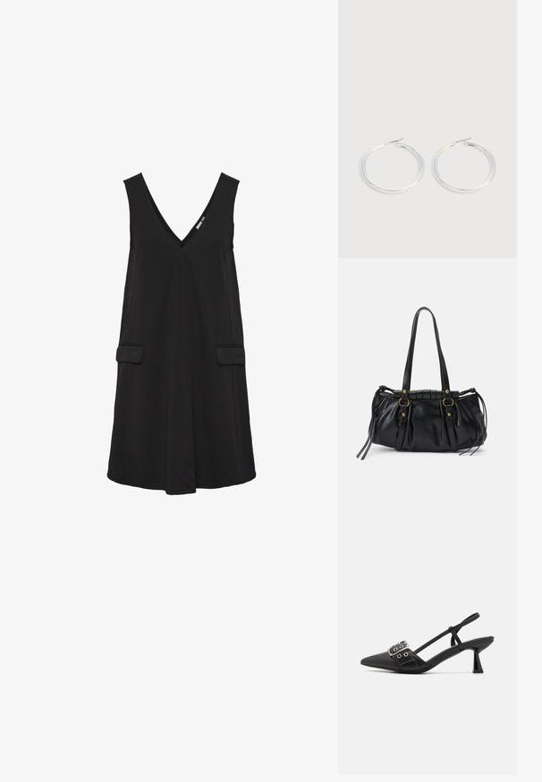 Vestido negro sin mangas con escote en V, bolsillos delanteros de solapa y silueta en A.; Simmi London DALA - Tacones - black; Bolso de mano de cuero negro con forma redondeada, asas dobles, acentos de hardware decorativo y detalles de lazo en los laterales. Textura lisa y brillante.; Pareja de pendientes de aro plateados brillantes con cierres de alambre delgado, mostrados sobre un fondo gris claro.