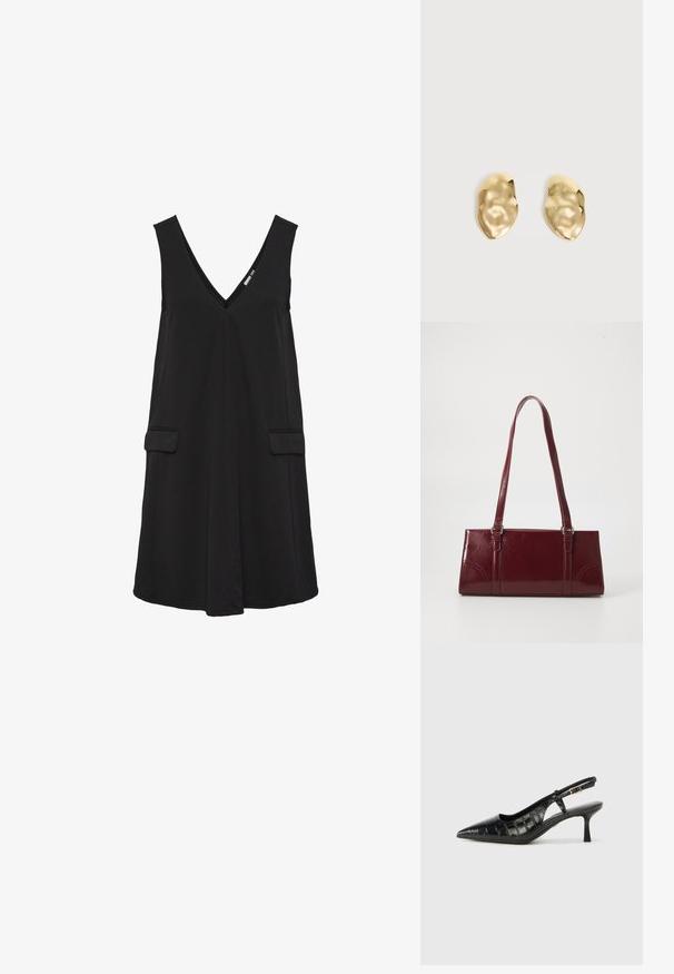 Schwarzes, ärmelloses V-Ausschnittkleid mit vorderen Klappentaschen und A-Linien-Silhouette.; Schwarze Slingback-Absätze mit spitzem Zeh und einem strukturierten, krokodilpräge Muster. Enthält einen schmalen Knöchelriemen und einen kleinen Absatz.; Burgunderfarbene Handtasche aus glänzendem Material, rechteckige Form, mit zwei Schulterriemen und subtilen, geschwungenen Akzenten an der Vorderseite.; Paar glänzende, unregelmäßig geformte Ohrstecker aus Goldmetall mit zerknitterter, glatter Oberfläche auf schlichtem hellem Hintergrund.