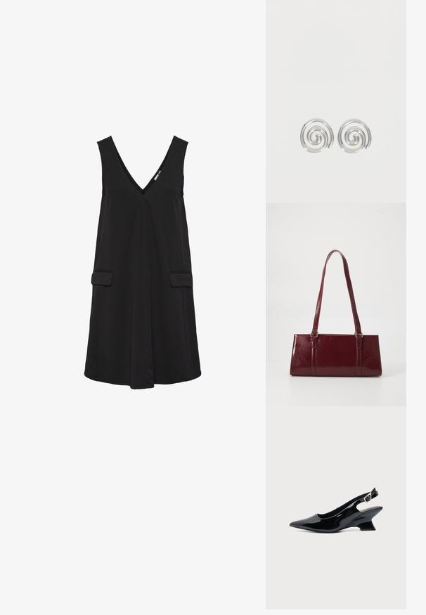 Sort ærmeløs V-hals kjole med forlommer og A-line silhuet.; Sort laklæder slingback sko med spids tå og lav vinklet blokhæl på ensartet lys baggrund.; Bordeaux håndtaske lavet af glansfuldt materiale, rektangulær form, med to skulderremme og subtile buede detaljer på forsiden.; Par sølvspiral øreringe med glat, afrundet design på en ensartet hvid baggrund.