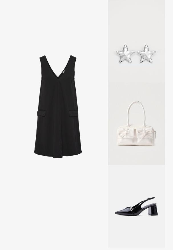 Vestido negro sin mangas con escote en V, bolsillos delanteros de solapa y silueta en A.; Zapato de mujer tipo slingback de charol negro con punta afilada, tacón bajo y cuadrado, y dos hebillas pequeñas plateadas en las correas.; Bolso sintético blanco con dos bolsillos delanteros, cada uno con un detalle de lazo atado. Textura suave, asas redondeadas y cierre de cremallera.; Pendientes en forma de estrella plateada con una superficie pulida y brillante. Cada pendiente presenta cinco puntas y sutiles detalles de textura en la superficie.