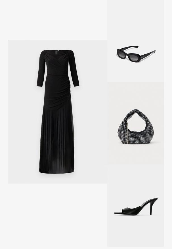 Vestido negro de manga larga con corpiño ajustado, detalles fruncidos y falda fluida con paneles translúcidos en el dobladillo.; Mule de piel negra con punta abierta y tacón alto de aguja fino, mostrado de perfil sobre un fondo liso.; Gafas de sol negras y oversized con un acabado brillante, lentes de gradiente y forma rectangular redondeada; presentan un logotipo en el lateral.; Bolso de malla negra adornado con tachuelas plateadas, con un asa curvada y una correa de cadena. Textura suave con forma redondeada.