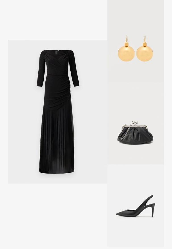 Robe noire à manches longues avec un corsage ajusté, des détails froncés et une jupe fluide avec des empiècements en tulle transparent à l'ourlet.; Escarpins à talon aiguille en cuir noir, avec un design à bout pointu, présentant une découpure à l'avant et un talon fin.; Porte-monnaie en cuir noir avec texture froncée, cadre en métal argenté, fermeture à verrouillage kiss-lock et bandoulière en chaîne. Surface lisse et douce.; Paire de boucles d'oreilles boule de Noël dorées brillantes avec fermoirs à crochet sur fond blanc uni.