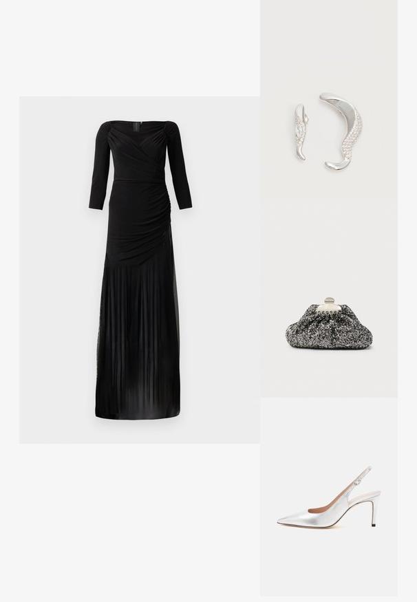 Robe noire à manches longues avec un corsage ajusté, des détails froncés et une jupe fluide avec des empiècements en tulle transparent à l'ourlet.; Escarpin argenté à bout pointu, bride à boucle et talon fin de hauteur moyenne.; Pochette noire et argentée pailletée avec un design froncé. Fermeture à fermoir métallique avec une forme lisse et arrondie et une surface texturée.; Deux boucles d'oreilles argentées courbées, l'une plus grande que l'autre, toutes deux ornées de petits cristaux scintillants le long d'un bord.