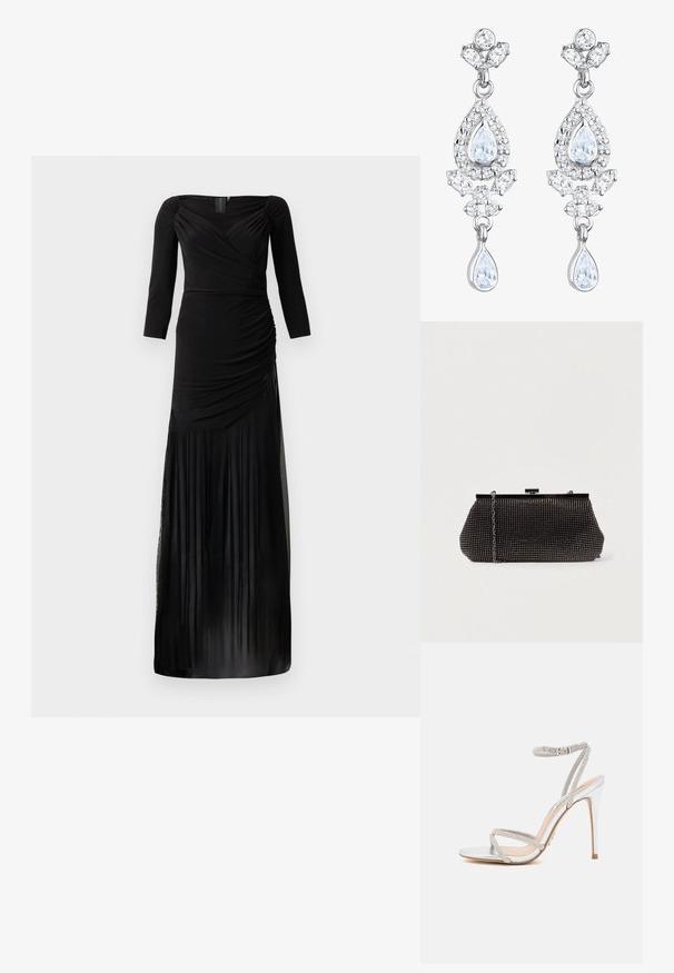 Robe noire à manches longues avec un corsage ajusté, des détails froncés et une jupe fluide avec des empiècements en tulle transparent à l'ourlet.; Sandale à talons hauts en argent avec des fines lanières, ornée de strass, présentant un design épuré et un bout pointu.; Pochette noire en mesh avec une silhouette structurée, ornée de petits clous métalliques, dotée d'une fermeture à clip et d'une bandoulière en chaîne détachable.; Elli ANTIQUE DROP - Boucles d'oreilles - weiß