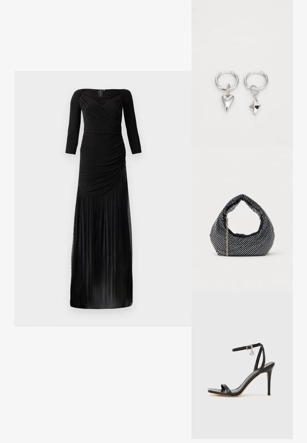 Sort langærmet kjole med tætsiddende krop, rynkede detaljer og en flydende nederdel med gennemskinnelige paneler ved kanten.; Sort hæl-sandal med smal ankrem, firkantet tå-boks, glat lædermateriale og metalspænde som pynt.; Sort mesh håndtaske prydet med sølvnitter, udstyret med et buet håndtag og en kædetraspe. Blød tekstur med en rund form.; Sølv hoop øreringe med et hjerte og en diamantformet vedhæng. Glat tekstur med en poleret finish.