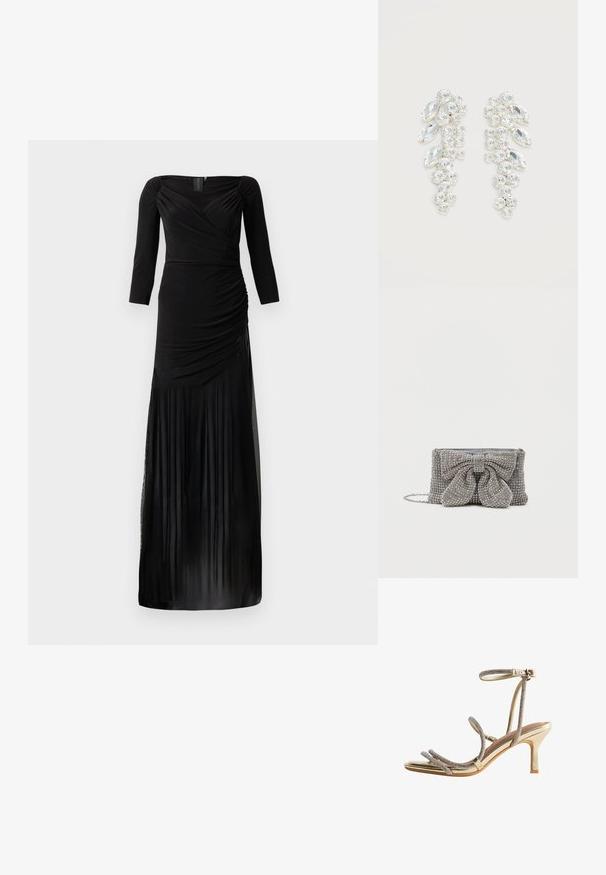 Robe noire à manches longues avec un corsage ajusté, des détails froncés et une jupe fluide avec des empiècements en tulle transparent à l'ourlet.; Sandale à talons hauts dorée avec de fines brides ornées de strass autour des orteils et de la cheville, ainsi qu'une petite fermeture à boucle.; Sac à main gris pailleté avec une surface texturée, mettant en valeur un grand nœud sur le devant et une bandoulière en chaîne. Forme rectangulaire compacte.; Paire de boucles d’oreilles ton argent avec cristaux clairs taillés en grappes, en formes rondes et marquise sur fond blanc.