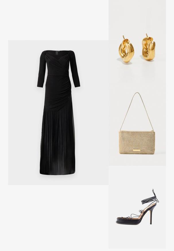 Robe noire à manches longues avec un corsage ajusté, des détails froncés et une jupe fluide avec des empiècements en tulle transparent à l'ourlet.; Sandale noire à talon haut avec des fines lanières en cuir entourant le pied et la cheville, dotée d'un talon aigu en forme de stiletto.; Pochette dorée de forme rectangulaire, recouverte de strass argentés brillants. Dotée d'une fine bandoulière métallique et d'une fermeture éclair.; Boucles d'oreilles créoles en or massif avec un design tubulaire légèrement tordu et des fermoirs à tige sur un fond blanc.