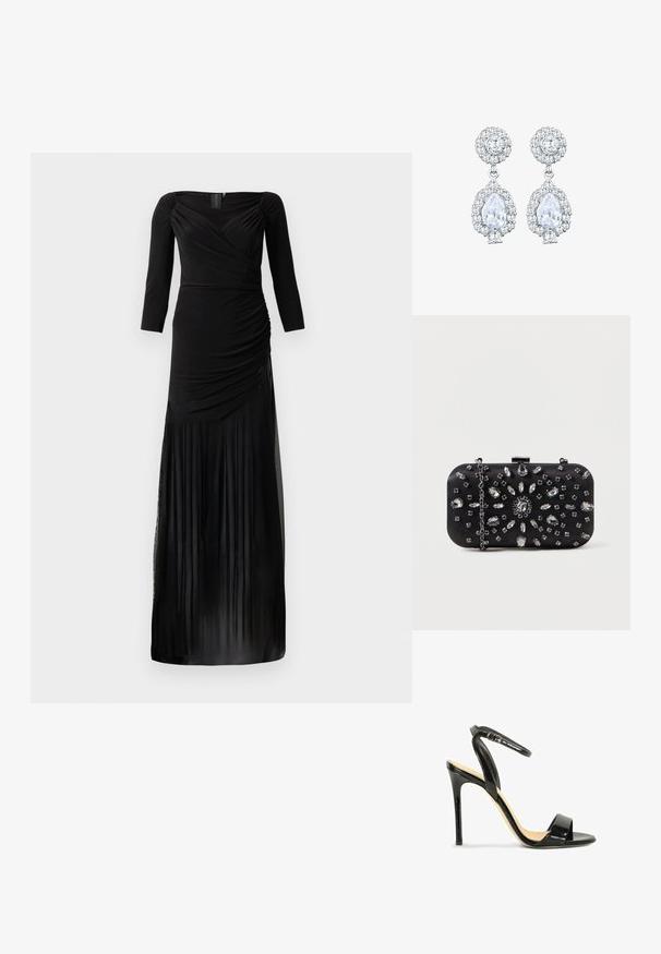 Robe noire à manches longues avec un corsage ajusté, des détails froncés et une jupe fluide avec des empiècements en tulle transparent à l'ourlet.; Sandale à talon haut en cuir verni noir avec bride à la cheville et bout ouvert sur fond blanc.; Pochette noire de forme rectangulaire, ornée de divers strass disposés en motifs floraux, dotée d'une chaîne en argent pour le transport.; Boucles d'oreilles ton argent avec un clou rond en sertissage pavé, et une goutte en forme de poire entourée de petites pierres, soulignant un effet scintillant.