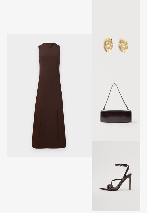 Vestido marrón sin mangas con un escote alto, corpiño ajustado y falda acampanada. Hecho de una tela suave sin patrones visibles ni piezas de metal.; Sandalia de tacón alto de charol burdeos con tira en el tobillo, punta afilada y tres tiras horizontales en el pie. Detalle de hebilla en tono dorado.; Bolso rectangular de cuero negro con una sola correa larga y acabado brillante, exhibido sobre un fondo blanco liso.; Par de pendientes de metal dorado brillante, con forma irregular y superficie arrugada y lisa sobre un fondo claro y sencillo.
