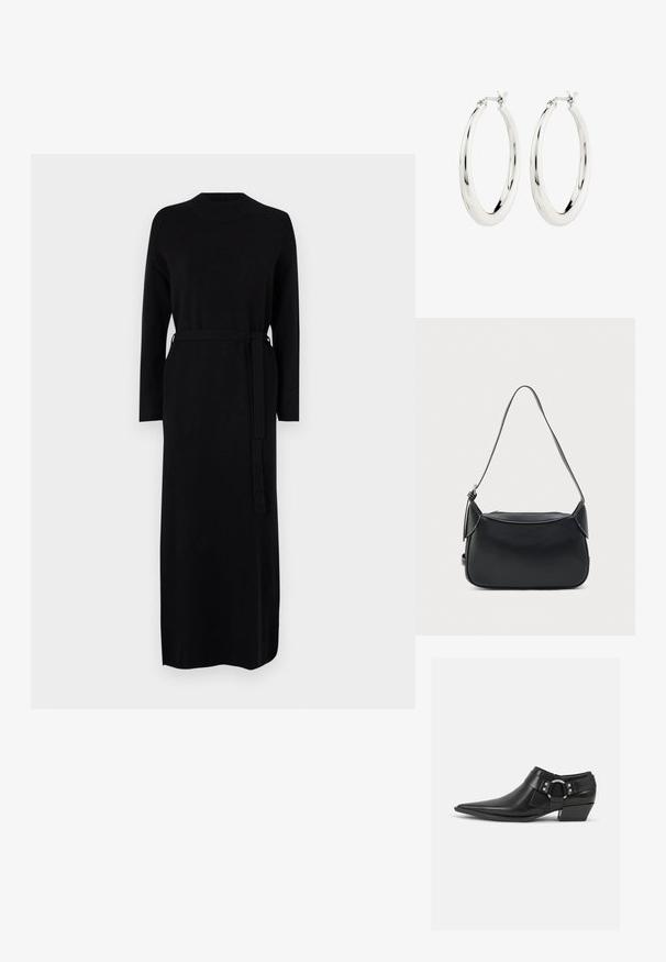 Schwarzes langärmliges Kleid mit geripptem Ausschnitt und passendem Gürtel in der Taille. Weicher, glatter Strickstoff, gerade Silhouette.; Schwarze Leder-Ankle-Boots mit spitzem Zeh, ausgestattet mit einem vorderen Leder-Riemen und einem silbernen Schnallendetail sowie einem niedrigen Blockabsatz.; Schwarze Lederschultertasche mit glatter Textur, abgerundeter Form und einem dünnen Riemen. Verfügt über einen Reißverschluss und minimalistische Hardware-Akzente.; Silberne Creolen mit einer glatten, glänzenden Oberfläche. Kreisform, ausgestattet mit einem sicheren Verschluss. Einfaches und elegantes Design.