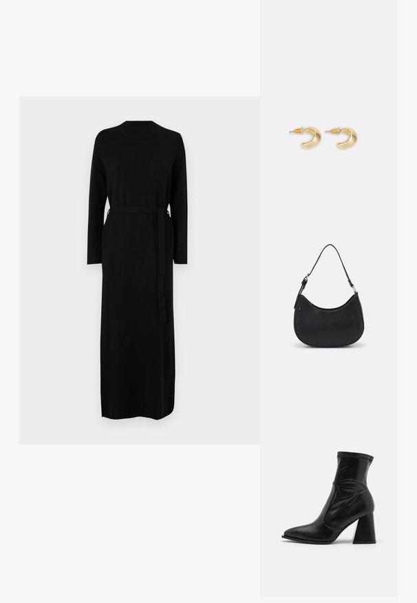 Robe noire à manches longues avec un col côtelé et une ceinture assortie à la taille. Tissu tricoté doux et lisse, silhouette droite.; Bottines noires en cuir lisse, avec un bout pointu, un contrefort de cheville élastique et un talon empilé texturé.; Sac hobo noir en cuir lisse avec une silhouette arrondie, doté d'une seule sangle ajustable et de détails de design minimalistes.; Boucles d'oreilles en forme de croissant en or avec une finition lisse, présentant des accents orange près du clou et un matériel en argent.