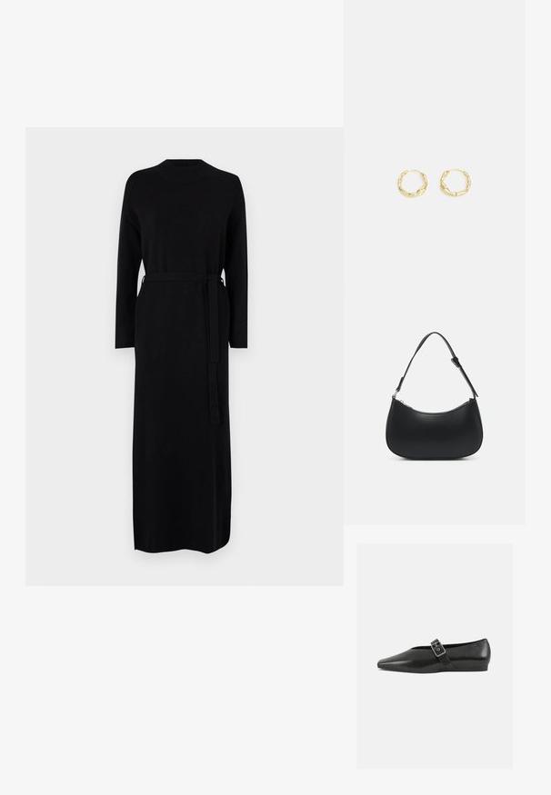 Schwarzes langärmliges Kleid mit geripptem Ausschnitt und passendem Gürtel in der Taille. Weicher, glatter Strickstoff, gerade Silhouette.; Schwarze Lederflachschuhe mit spitzem Zehenbereich, ausgestattet mit einem metallischen Riemen über dem Spann und einer niedrigen, flexiblen Sohle.; Pieces PCALUANA SHOULDER BAG - Handtasche - black; Goldene Creolen mit einer strukturierten, unregelmäßigen Oberfläche. Sie verfügen über ein leichtes Design und eine runde Form, die sich für den täglichen Gebrauch eignet.