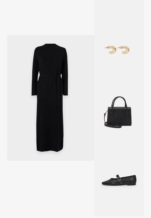 Robe noire à manches longues avec un col côtelé et une ceinture assortie à la taille. Tissu tricoté doux et lisse, silhouette droite.; Chaussure plate en cuir noir avec un bout arrondi, une seule sangle réglable à boucle et une texture lisse et brillante. Design minimaliste avec un petit talon.; Sac à main structuré noir en cuir avec une poignée supérieure, une bandoulière détachable et un détail à rabat à l'avant. Accents en matériel doré.; Boucles d'oreilles en forme de croissant en or avec une finition lisse, présentant des accents orange près du clou et un matériel en argent.