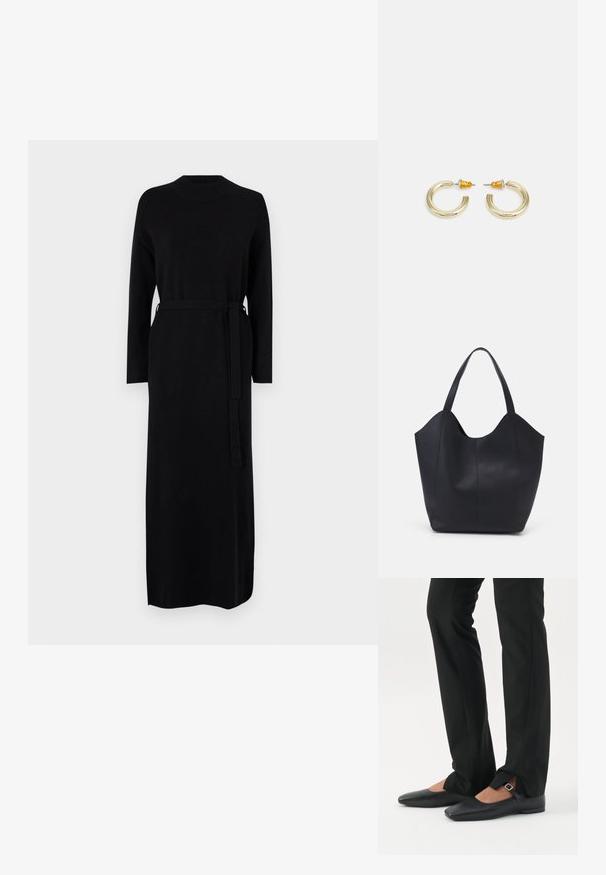 Schwarzes langärmliges Kleid mit geripptem Ausschnitt und passendem Gürtel in der Taille. Weicher, glatter Strickstoff, gerade Silhouette.; Beine in schwarzen schmalen Hosen mit vorderen Schlitzen am Saum, kombiniert mit schwarzen flachen Mary-Jane-Schuhen mit kleinem Schnallenriemen.; Schwarze Tote-Bag aus glattem Leder, mit einem abgerundeten, offenen Oberteil, zwei Schulterträgern und einem minimalistischen Design.; Goldfarbene Creolen mit einer glatten, abgerundeten Form und einer polierten Oberfläche. Mit orangefarbenen Akzenten auf der Rückseite für sicheren Halt.