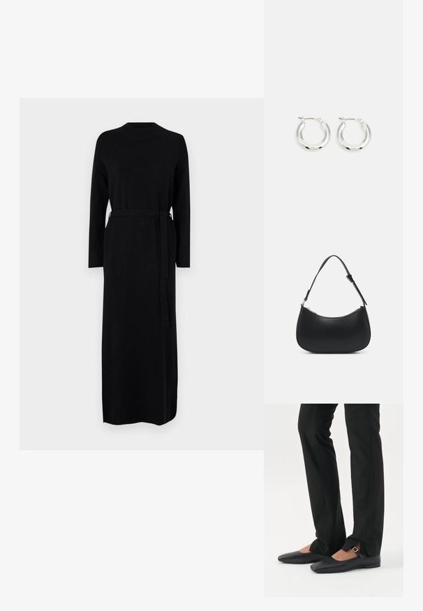 Schwarzes langärmliges Kleid mit geripptem Ausschnitt und passendem Gürtel in der Taille. Weicher, glatter Strickstoff, gerade Silhouette.; Beine in schwarzen schmalen Hosen mit vorderen Schlitzen am Saum, kombiniert mit schwarzen flachen Mary-Jane-Schuhen mit kleinem Schnallenriemen.; Pieces PCALUANA SHOULDER BAG - Handtasche - black; Silberne Creolen mit glänzender Oberfläche, die eine kreisrunde Form haben und mit einem schwenkbaren Verschluss ausgestattet sind. Glatte Textur mit minimalen Details.