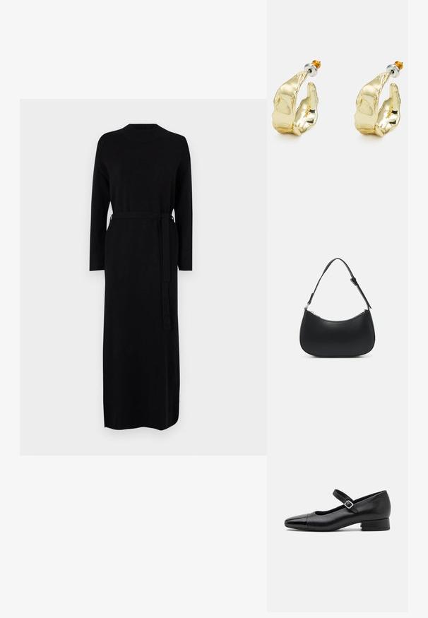 Zwarte lange mouwen jurk met een geribde halslijn en een bijpassende riem in de taille. Zachte, gladde breiselstof, rechte silhouet.; Zwarte leren Mary Jane schoenen met een gepatenteerde neus, verstelbare enkelband en lage blokhak. Een gladde textuur en een elegante uitstraling.; Pieces PCALUANA SHOULDER BAG - Handtas - black; Goudkleurige oorbellen in de vorm van abstracte handen, met een glanzend oppervlak, ingewikkelde details en een zilver- en goudkleurige post voor een veilige bevestiging.