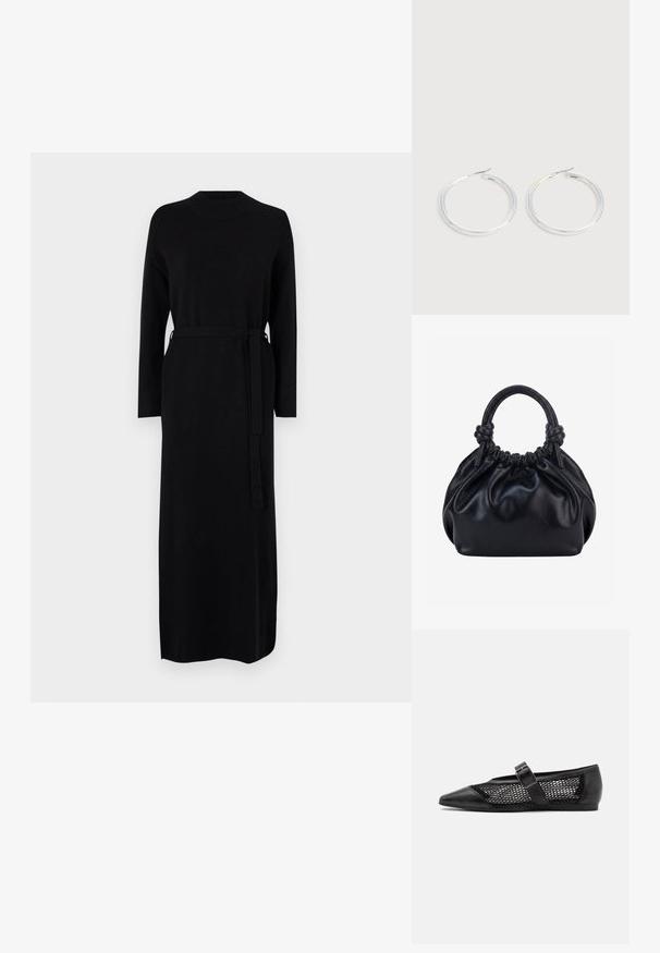 Robe noire à manches longues avec un col côtelé et une ceinture assortie à la taille. Tissu tricoté doux et lisse, silhouette droite.; Chaussure plate noire avec un bout pointu, panneaux latéraux en maille et une sangle avec une boucle décorative. Fini lisse sur les sections du bout et du talon.; Sac à main en cuir noir souple avec le dessus froncé et deux grosses poignées nouées sur un fond uni clair.; Paire de boucles d'oreilles créoles argentées brillantes avec fermoirs en fil fin, présentée sur un fond gris clair.