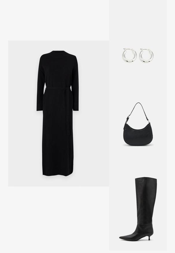 Schwarzes langärmliges Kleid mit geripptem Ausschnitt und passendem Gürtel in der Taille. Weicher, glatter Strickstoff, gerade Silhouette.; Knöchelhohe schwarze Lederstiefel mit einer spitz zulaufenden Zehenpartie und einem Kitten-Heel. Glatte Textur und minimalistisches Design ohne sichtbare Beschläge oder Akzente.; Schwarze Hobo-Tasche aus glattem Leder mit einer geschwungenen Silhouette, ausgestattet mit einem einzelnen verstellbaren Trageriemen und minimalistischem Design.; Silberne Creolen mit glänzender Oberfläche, die eine kreisrunde Form haben und mit einem schwenkbaren Verschluss ausgestattet sind. Glatte Textur mit minimalen Details.