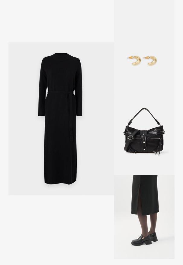 Schwarzes langärmliges Kleid mit geripptem Ausschnitt und passendem Gürtel in der Taille. Weicher, glatter Strickstoff, gerade Silhouette.; Frau trägt schwarze Loafers mit klobigem Absatz, schwarze transparente Strumpfhosen und einen schwarzen Rock mit Schlitz hinten vor weißem Hintergrund.; Even&Odd H24462 - Handtasche - black; Goldene, mondförmige Ohrringe mit glatter Oberfläche, die orangefarbene Akzente nahe dem Stecker und silberne Beschläge aufweisen.
