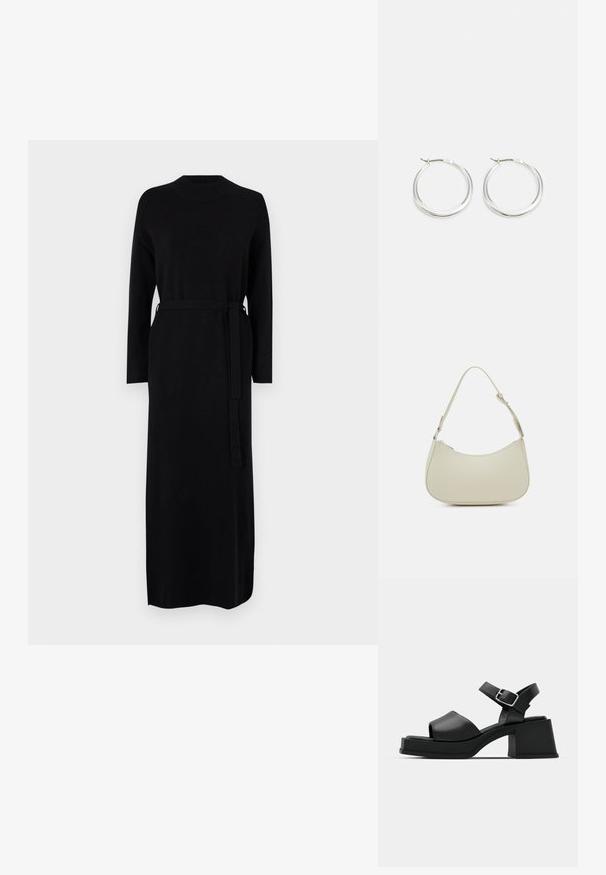 Schwarzes langärmliges Kleid mit geripptem Ausschnitt und passendem Gürtel in der Taille. Weicher, glatter Strickstoff, gerade Silhouette.; Schwarze Leder-Plateausandalen mit einem Peeptoe-Design, Knöchelriemen und einem klobigen, quadratischen Absatz. Sanfte Textur und minimalistischer Stil.; Pieces PCALUANA SHOULDER BAG - Handtasche - birch; Silberne Creolen zeichnen sich durch ein glattes, rundes Design mit einem schlanken Profil und einem sicheren Verschluss aus. Minimalistischer Stil mit glänzender Oberfläche.