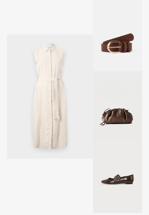 Robe en lin beige clair avec un col, sans manches, fermeture par boutons sur le devant et une ceinture en tissu à la taille. Présente une texture subtile.; Chaussure plate en cuir verni marron avec bout pointu et trois brides ajustables à boucle sur le côté, vue du profil extérieur.; Sacoche en cuir marron doux avec un haut froncé et une fine bandoulière, posée sur un fond blanc.; Ceinture en cuir marron avec une boucle dorée brillante et deux passants en cuir. Texture lisse, design plat et extrémités arrondies.