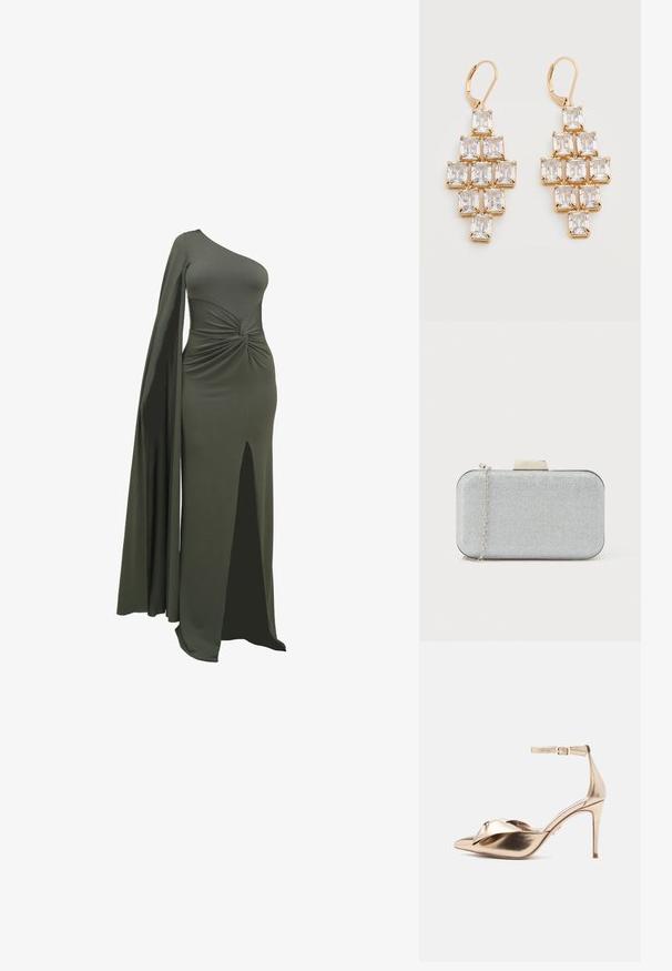 Groene, een-schouder jurk gemaakt van soepel, rekbaar materiaal. Beschikt over een gedraaide detail bij de taille en een hoge split aan één kant.; Gouden metallic pump met hoge hak en een spitse neus, voorzien van een geknoopte strikdetail op het bovenwerk en een gesp aan de enkelband.; Rechthoekige metallic zilveren clutch met een gestructureerd oppervlak, zilveren kettingriem en een geometrische sluiting aan de bovenkant. Soepele randen.; Oorbellen met goudkleurige afwerking en rechthoekige, heldere kristallen in een geometrisch, gelaagd patroon, voorzien van sluitingen met hefboommechanisme.