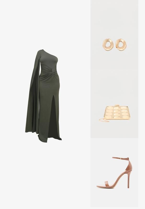 Groene, een-schouder jurk gemaakt van soepel, rekbaar materiaal. Beschikt over een gedraaide detail bij de taille en een hoge split aan één kant.; Naakte lakleren sandalen met hak, voorzien van een dunne enkelband, open tenen en een naaldhak. Gladde textuur en minimalistische stijl.; Gouden clutch met afgerond rechthoekig reliëfpatroon en een kleine kettingriem op een effen achtergrond.; Set van onregelmatig gevormde, gepolijste hoepel oorbellen van goudkleurig metaal met een open midden op een effen witte achtergrond.