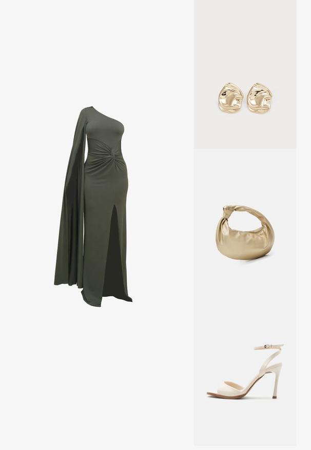 Grøn, en-skulder kjole lavet af glat, strækbart stof. Har en snoet detalje i taljen og en høj slids op til låret på den ene side.; Beige højhælede sandal med tynd ankelrem og guldlås, åben tå og tynd stiletthæl på hvid baggrund.; Guldmetal taske med en glat, shiny overflade. Har et knyttet håndtag og en rund, blød form. Lynlåslukning langs toppen.; Guldtonede metalstudøreringe med et uregelmæssigt, glat design og en reflekterende overflade samt bølgede kanter. Ingen yderligere udsmykninger.