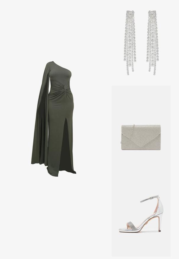 Grøn, en-skulder kjole lavet af glat, strækbart stof. Har en snoet detalje i taljen og en høj slids op til låret på den ene side.; Sølv højhælet sandal med shiny patentoverdel, tekstureret rhinestone-strop, justerbar ankelstrop og et firkantet åbent tå-design.; Metallic sølv clutch taske med et kuvert-design, udsmykket med et struktureret mønster, der har en aftagelig kæde-strop.; Lange sølvøreringe med en række klare, facetterede krystaller i kaskadeformede strenge med varierende længder og former.