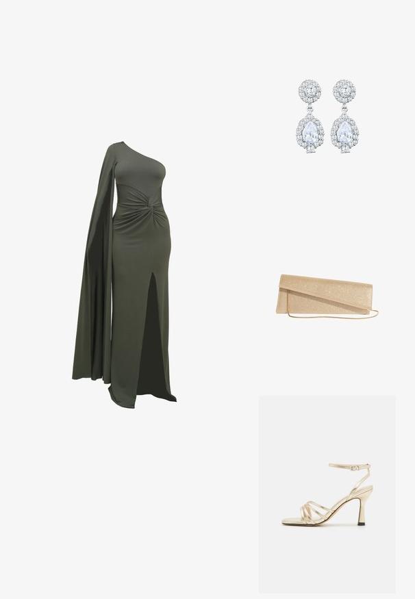 Grøn, en-skulder kjole lavet af glat, strækbart stof. Har en snoet detalje i taljen og en høj slids op til låret på den ene side.; Metallic guld strappy høje hæle sandaler med firkantet tå, ankelsnor og en smal hæl. Har en glat tekstur og minimalistisk design.; Guldglitrende rektangulær clutch taske med en tynd guldkæde og diagonal klaplukning.; Sølvfarvede øreringe med en rund stud med pavé-indstilling og en pæreformet dråbe omgivet af mindre sten, hvilket fremhæver en funkende effekt.
