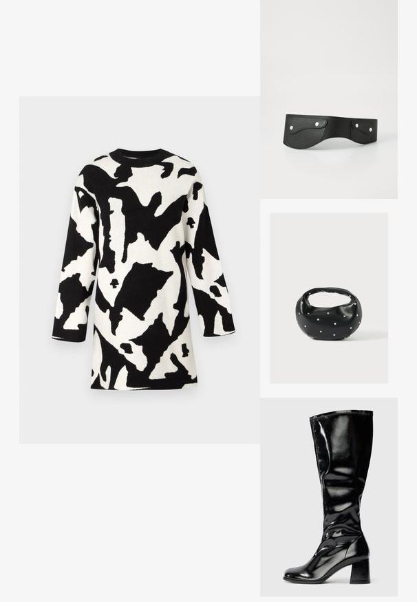 Robe tricotée noir et blanc avec un motif abstrait, encolure ronde et manches trois-quarts. Texture douce et design mi-long.; Botte noire brillante jusqu'au genou avec un talon carré et un bout rond, finition lisse et brillante, avec un léger motif texturé sur le talon et la tige.; Sac à main en cuir noir de forme arrondie, décoré de clous argentés et équipé d'une poignée courte. Texture lisse et fermeture éclair.; Ceinture en cuir noir avec deux poches arrondies, fermées par des boutons-pression en argent. Texture lisse, design légèrement courbé.