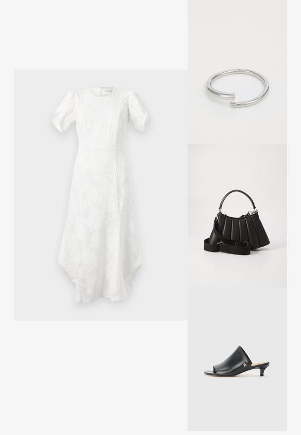 Hvid midi-kjole med puffede korte ærmer, rund halsudskæring, struktureret blomsterdesign, tætsiddende talje og asymmetrisk kant.; Sorte læder open-toe mules med en lav hæl. Har en glat overflade og et guld logo-prim på siden.; Sort plisseret handbag med et rundet håndtag, justerbar rem og blank overflade. Har sølvfarvet hardware og en struktureret silhuet.; Calvin Klein SPIRAL - Armbånd - silver-coloured