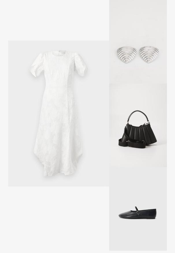 Witte midi-jurk met opgeblazen korte mouwen, ronde halslijn, gestructureerd bloemenpatroon, aansluitende taille en asymmetrische zoom.; Zwarte leren balletschoenen met een spitse neus, platte zool en een kleine strap met een zilveren gespsluiting.; Zwarte geplooide handtas met een ronde handgreep, verstelbare schouderriem en glanzende textuur. Heeft zilveren hardware en een gestructureerde silhoutte.; Zilverkleurige oorknoppen met een golvend, getextureerd ontwerp, gevormd als overlappende maanschijven; de gepolijste afwerking versterkt de reflecterende kwaliteiten.
